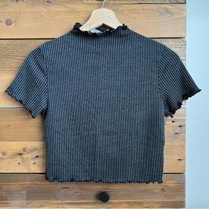 Black/Grey Cropped Ribbed Mock Neck Tee